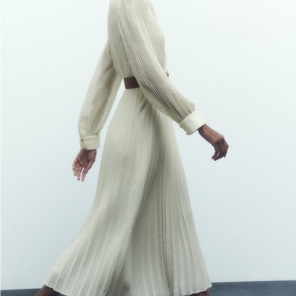 Zara Cream Long Sleeve Pleated Dress - Picture 2 of 8